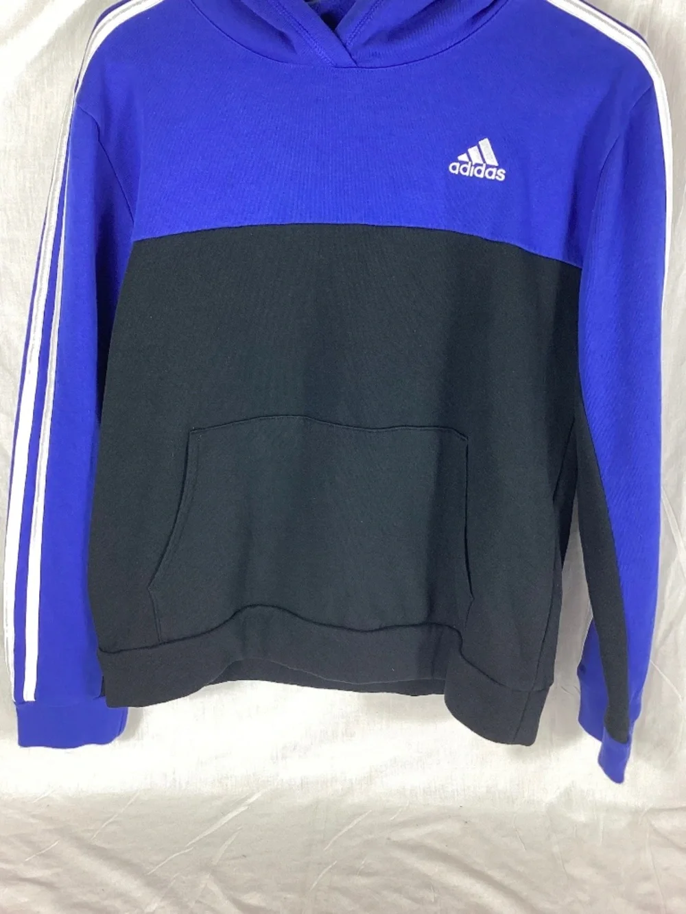 Adidas Boys Hooded Pullover Size Large 14/16 Blue Black Embroidered Logo